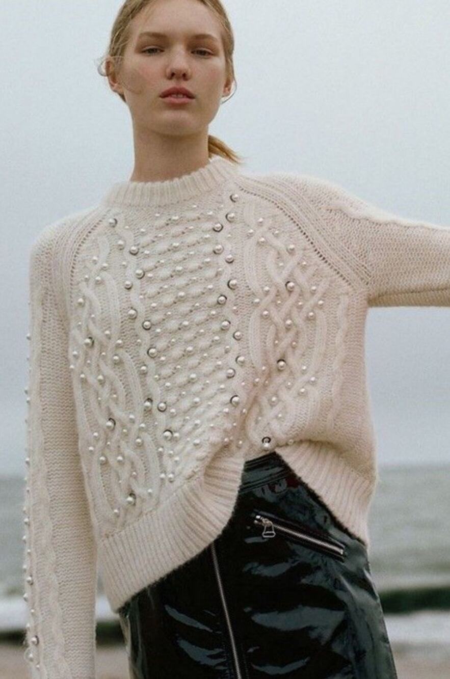 Rag & Bone Jemima Pearl Cable Knit Sweater S Ivory Wool Blend Pullover